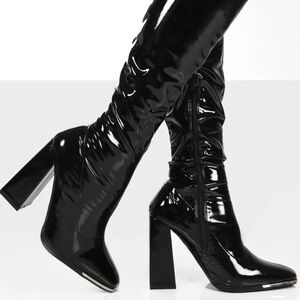 Public Desire Patent Block Heeled Boots - Wide Fit